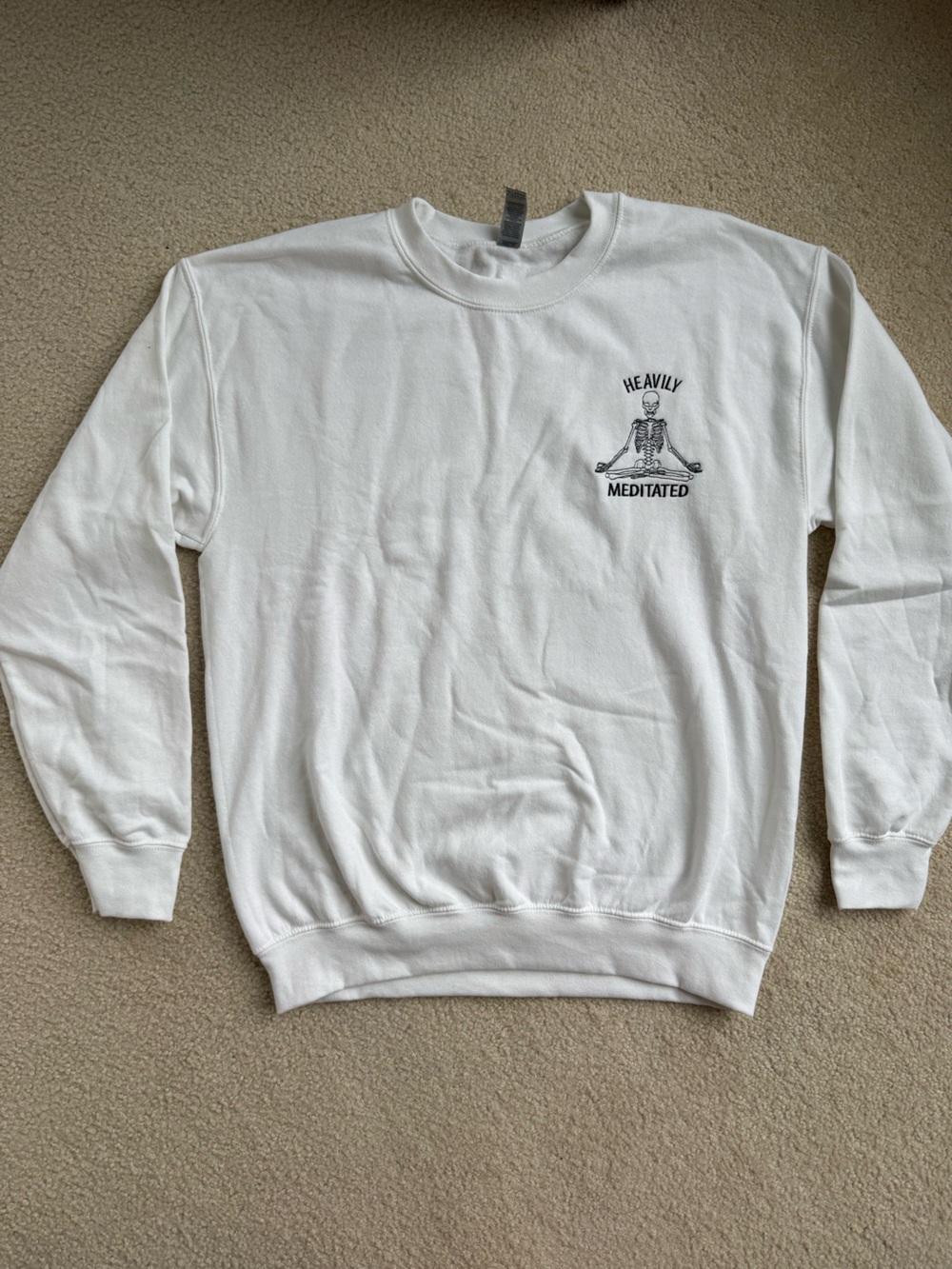 Gildan White Crewneck Sweatshirt with Small Black Skeleton Stitching